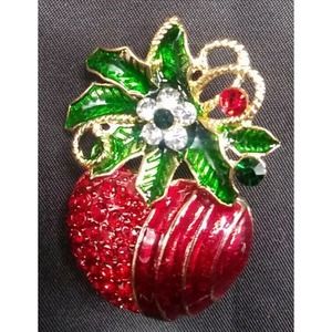 Vintage Big Apple Red Sparkly Rhinestone Enamel Gold Tone Brooch